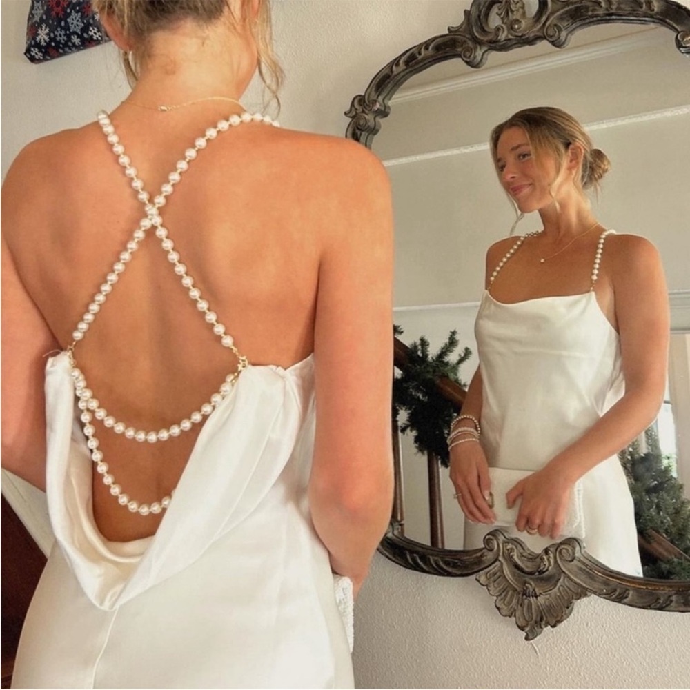 NWT Retrofete Electra Pearl Strap Maxi Satin Open Back Cowl Neck Dress White - Picture 4 of 11